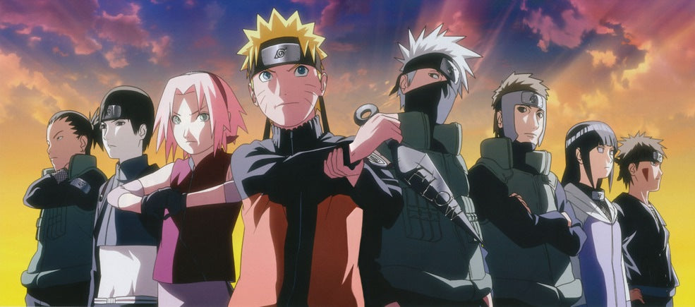 Picture from Naruto with lots of characters standing in frame.