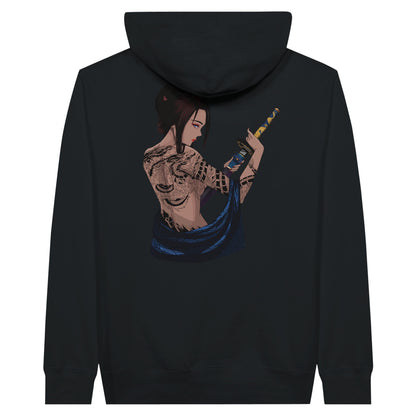 Black premium hoodie featuring a print of a woman with intricate tattoos on her back, holding a katana with both hands, and draped in a blue fabric.