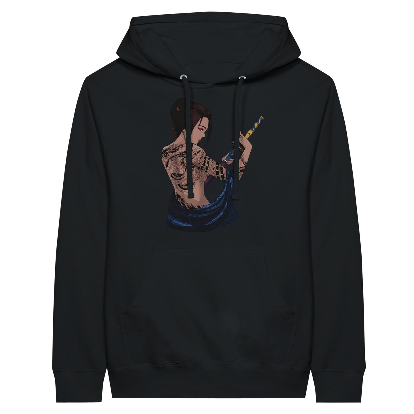 Black premium hoodie featuring a print of a woman with intricate tattoos on her back, holding a katana with both hands, and draped in a blue fabric.