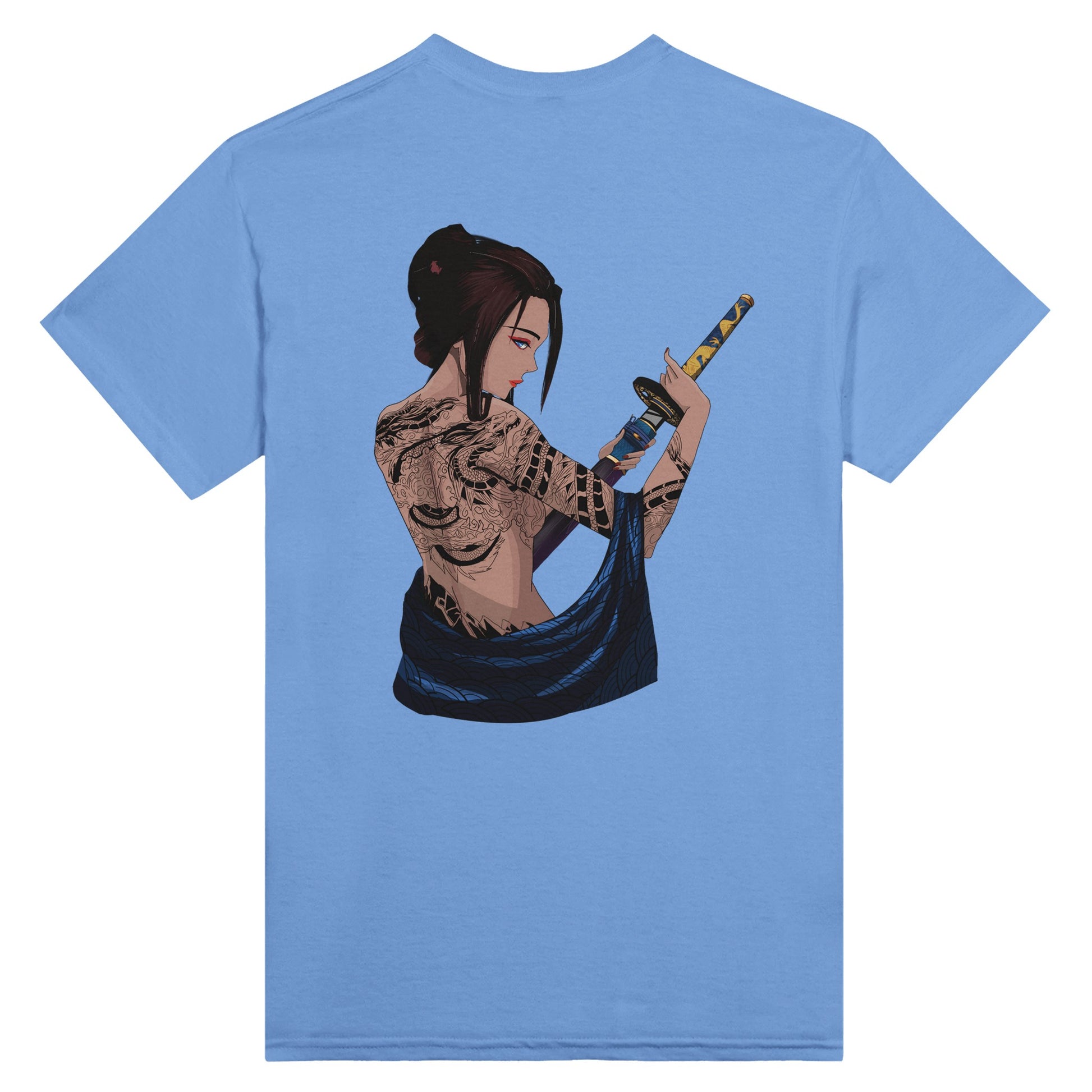 Carolina blue coloured t-shirt featuring a print of a woman with intricate tattoos on her back, holding a katana with both hands, and draped in a blue fabric.