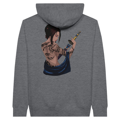 Charcoal heather coloured premium hoodie featuring a print of a woman with intricate tattoos on her back, holding a katana with both hands, and draped in a blue fabric.