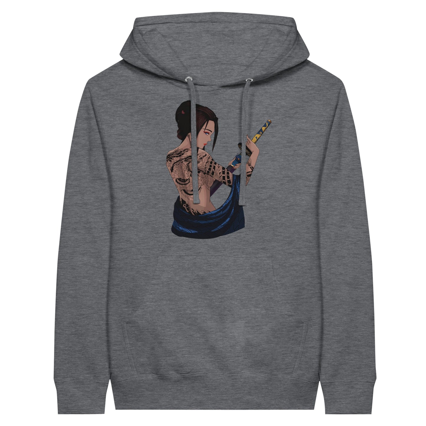 Charcoal heather coloured premium hoodie featuring a print of a woman with intricate tattoos on her back, holding a katana with both hands, and draped in a blue fabric.