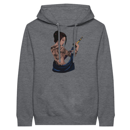 Charcoal heather coloured premium hoodie featuring a print of a woman with intricate tattoos on her back, holding a katana with both hands, and draped in a blue fabric.