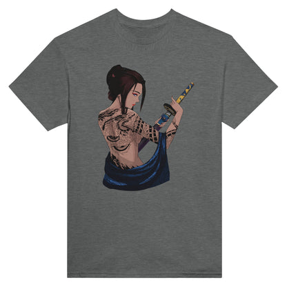 Graphite heather coloured t-shirt featuring a print of a Japanese woman in traditional attire with a sword, standing in front of Torii gates with a sunset background.