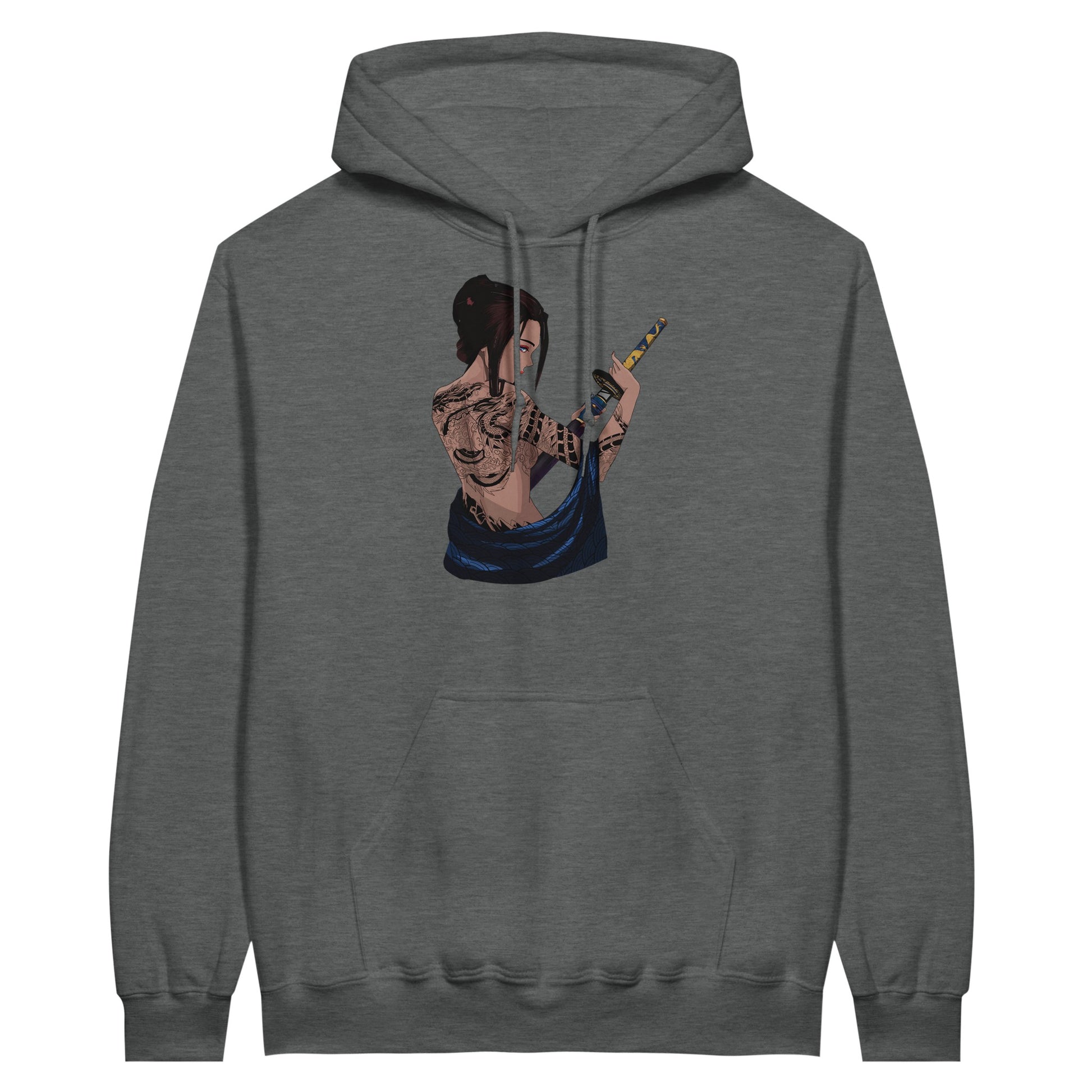 Graphite heather coloured value hoodie featuring a print of a Japanese woman in traditional attire with a sword, standing in front of Torii gates with a sunset background.