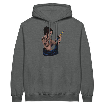 Graphite heather coloured value hoodie featuring a print of a Japanese woman in traditional attire with a sword, standing in front of Torii gates with a sunset background.