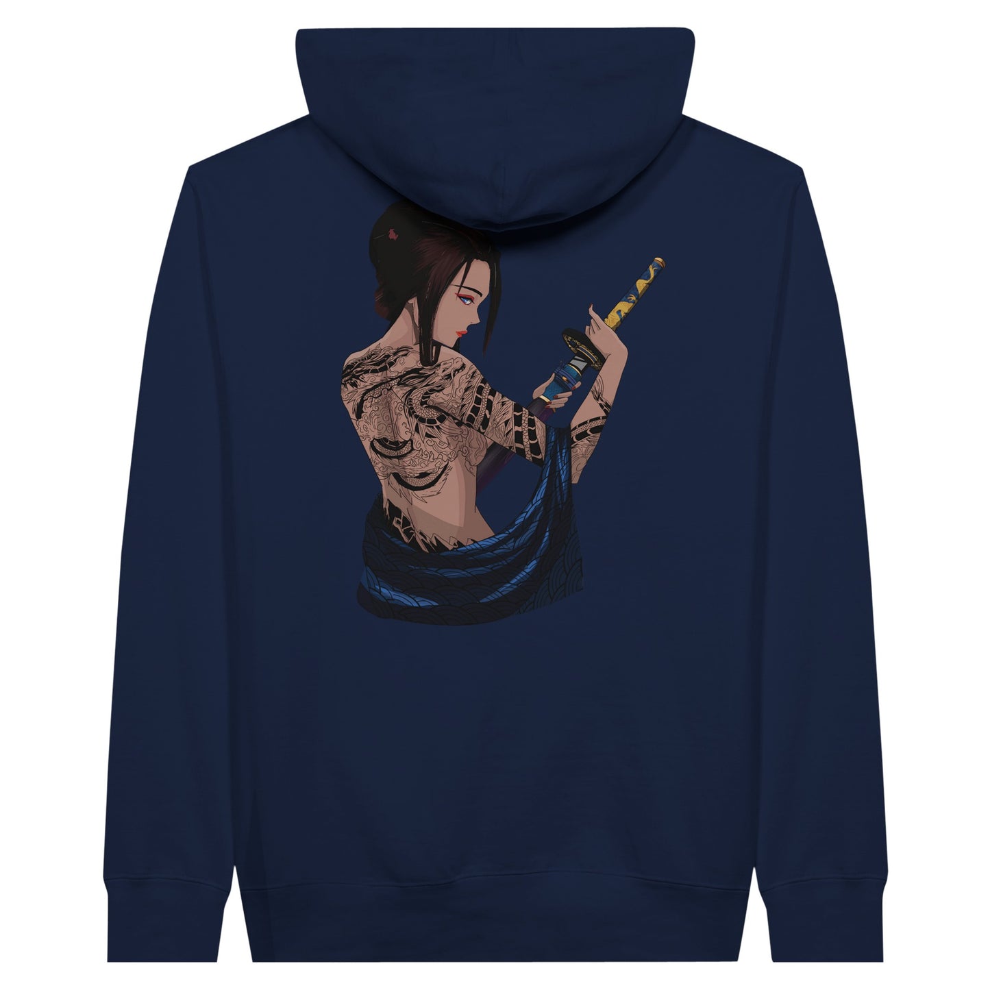 Navy premium hoodie featuring a print of a woman with intricate tattoos on her back, holding a katana with both hands, and draped in a blue fabric.