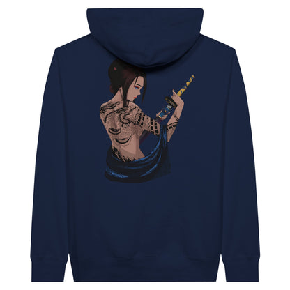 Navy premium hoodie featuring a print of a woman with intricate tattoos on her back, holding a katana with both hands, and draped in a blue fabric.