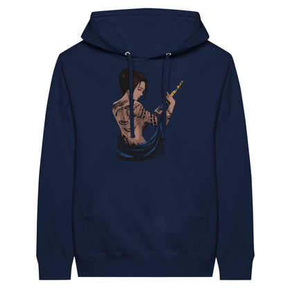 Navy premium hoodie featuring a print of a woman with intricate tattoos on her back, holding a katana with both hands, and draped in a blue fabric.