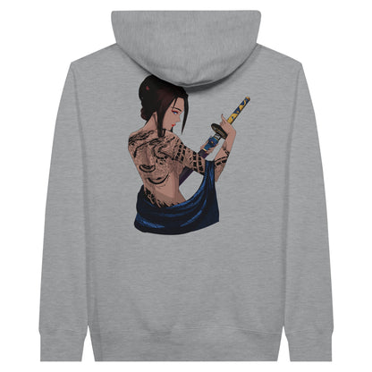 Sports grey coloured premium hoodie featuring a print of a woman with intricate tattoos on her back, holding a katana with both hands, and draped in a blue fabric.