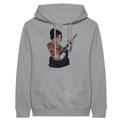 Sports grey coloured premium hoodie featuring a print of a woman with intricate tattoos on her back, holding a katana with both hands, and draped in a blue fabric.