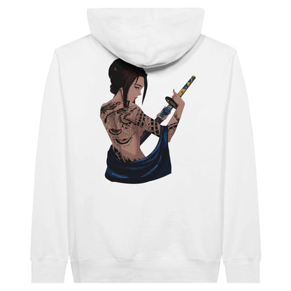 White premium hoodie featuring a print of a woman with intricate tattoos on her back, holding a katana with both hands, and draped in a blue fabric.