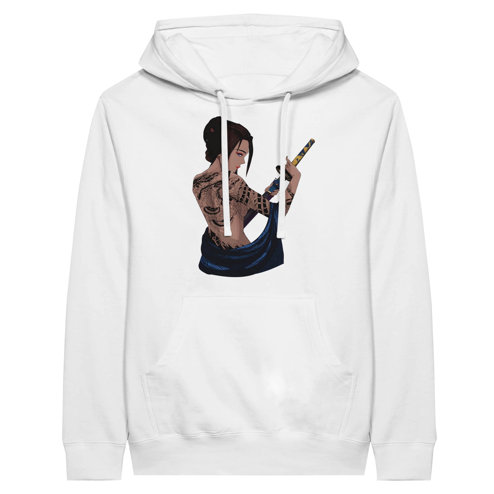 White premium hoodie featuring a print of a woman with intricate tattoos on her back, holding a katana with both hands, and draped in a blue fabric.