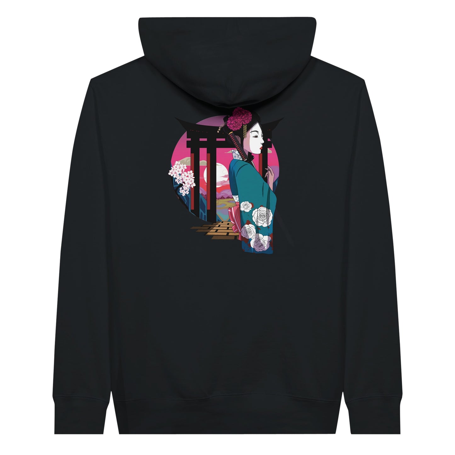 Black premium hoodie featuring a print of a Japanese woman in traditional attire with a sword, standing in front of Torii gates with a sunset background.