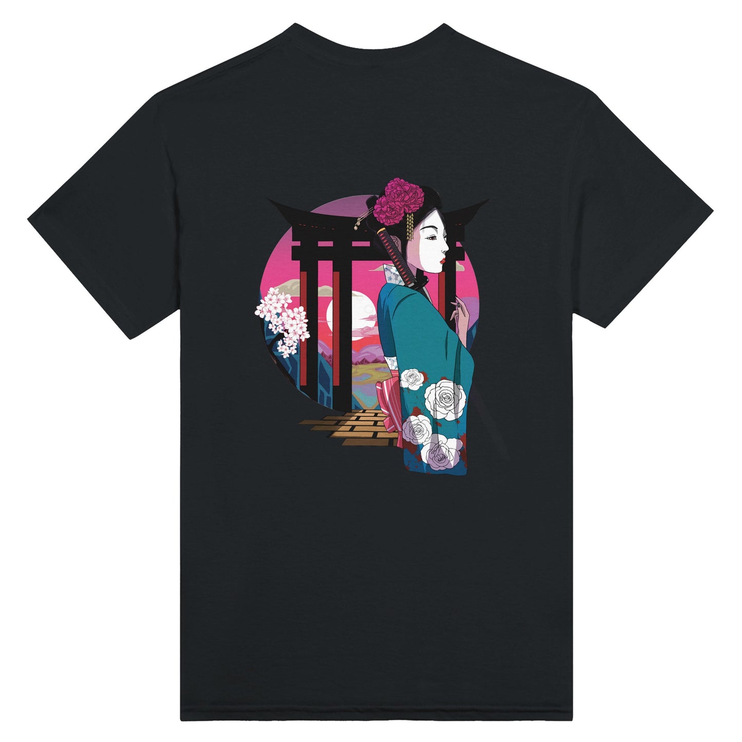 Black t-shirt featuring a print of a Japanese woman in traditional attire with a sword, standing in front of Torii gates with a sunset background.