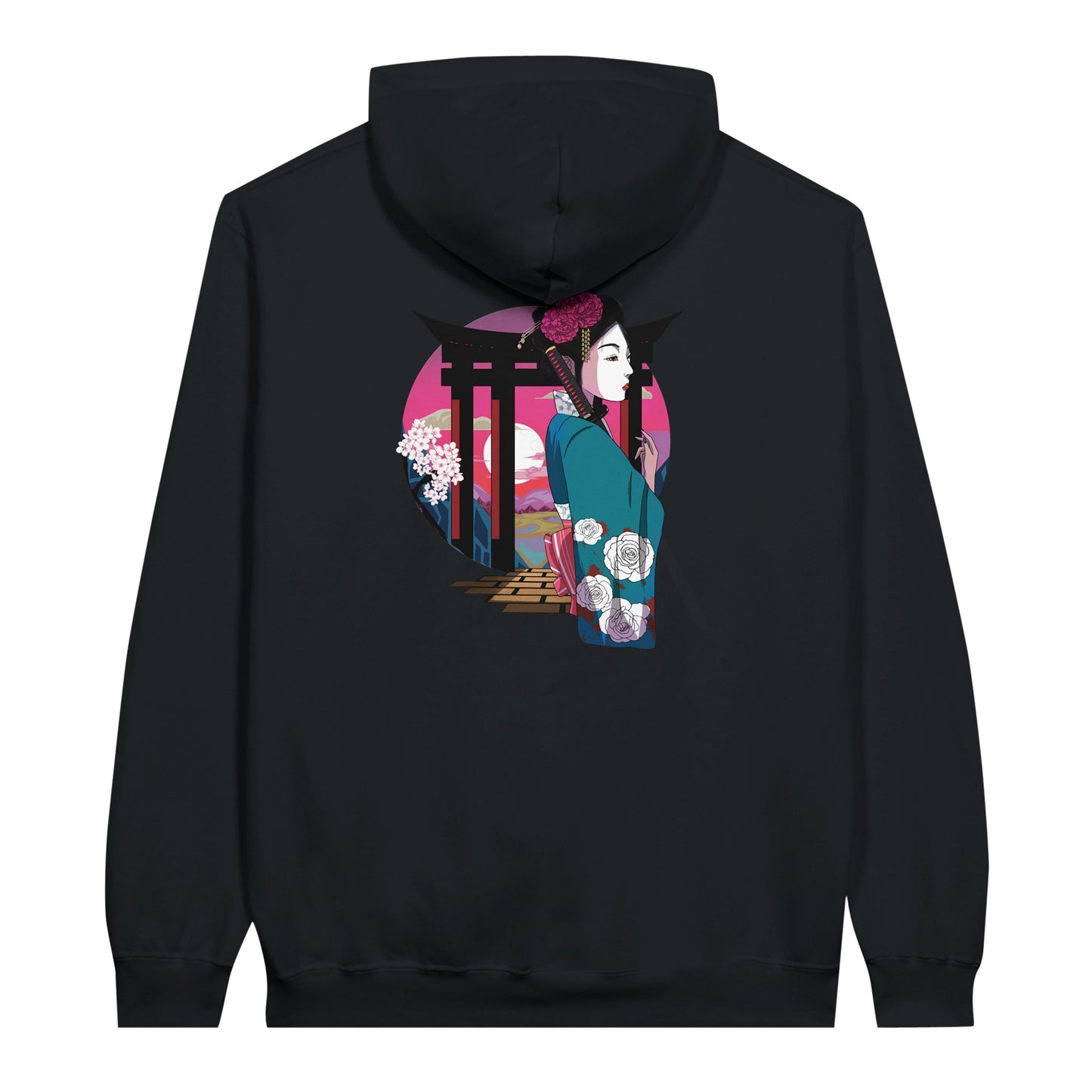 Black value hoodie featuring a print of a Japanese woman in traditional attire with a sword, standing in front of Torii gates with a sunset background.