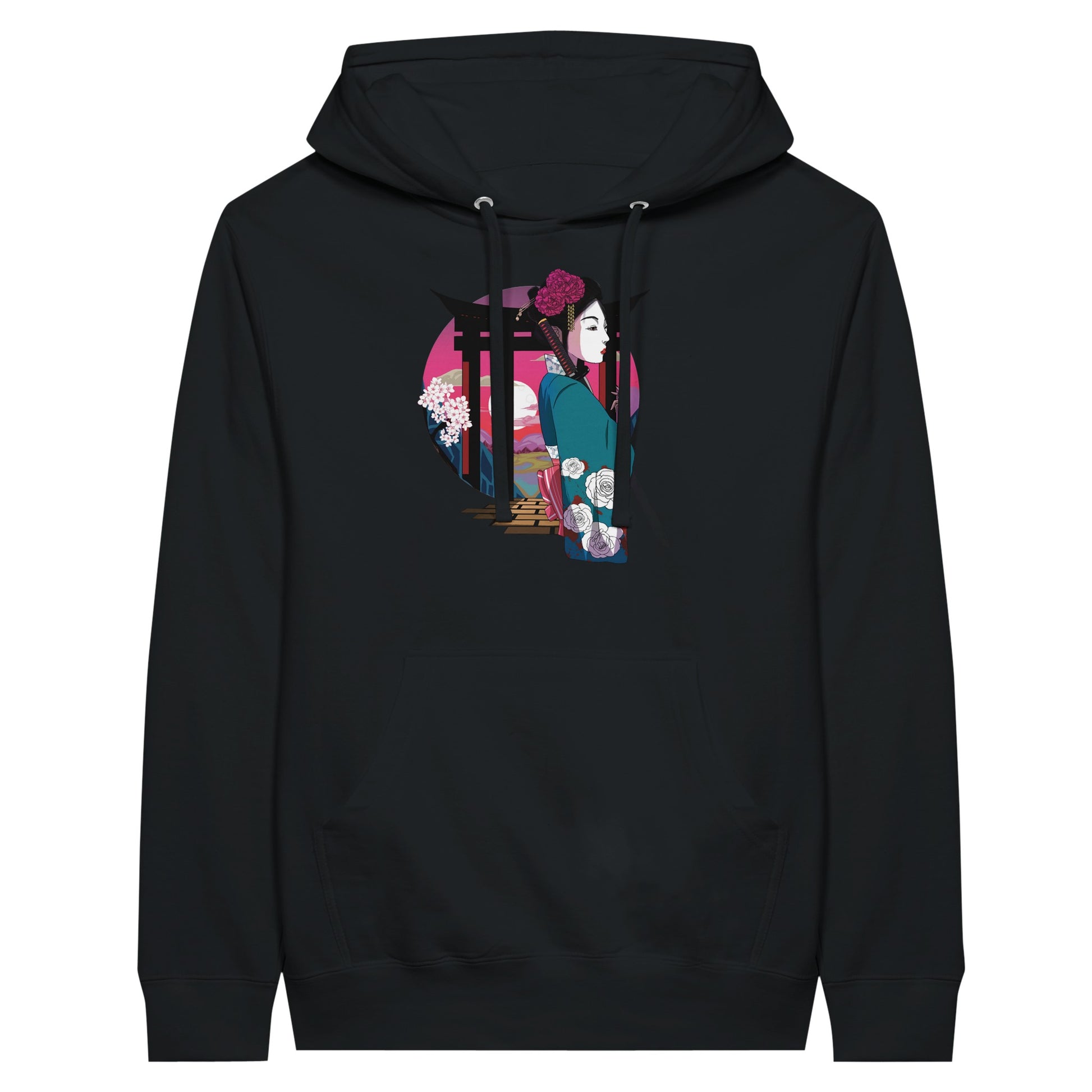 Black premium hoodie featuring a print of a Japanese woman in traditional attire with a sword, standing in front of Torii gates with a sunset background.