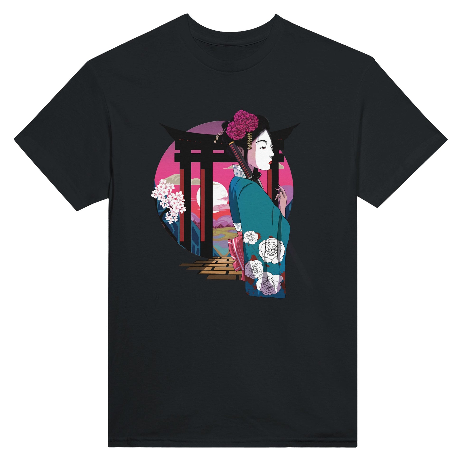 Black t-shirt featuring a print of a Japanese woman in traditional attire with a sword, standing in front of Torii gates with a sunset background.