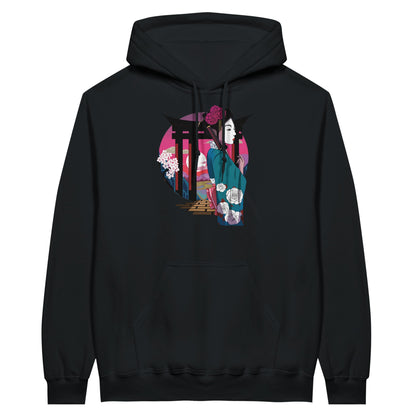 Black value hoodie featuring a print of a Japanese woman in traditional attire with a sword, standing in front of Torii gates with a sunset background.