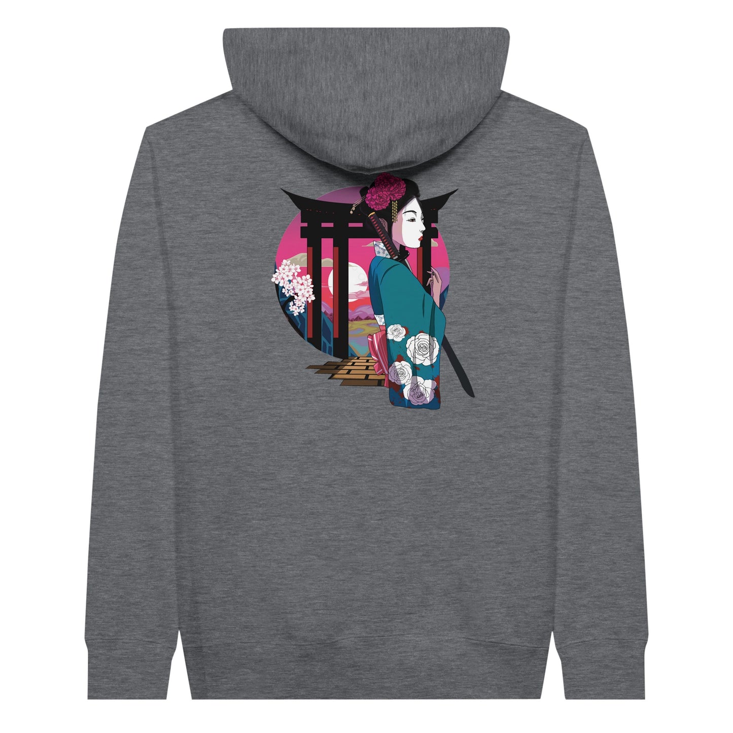 Charcoal heather coloured premium hoodie featuring a print of a Japanese woman in traditional attire with a sword, standing in front of Torii gates with a sunset background.