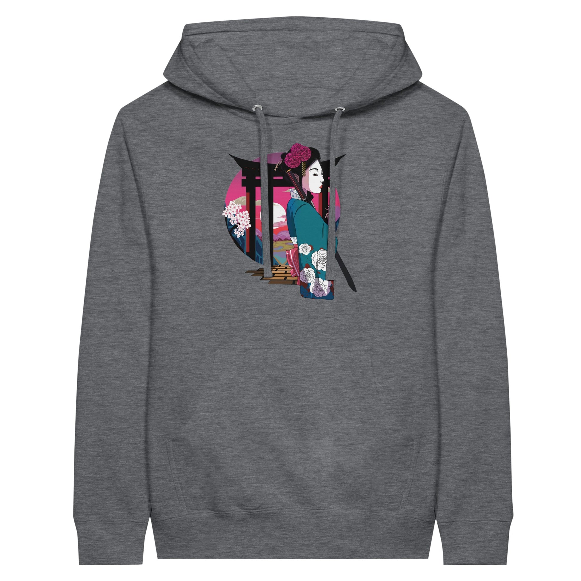 Charcoal heather coloured premium hoodie featuring a print of a Japanese woman in traditional attire with a sword, standing in front of Torii gates with a sunset background.