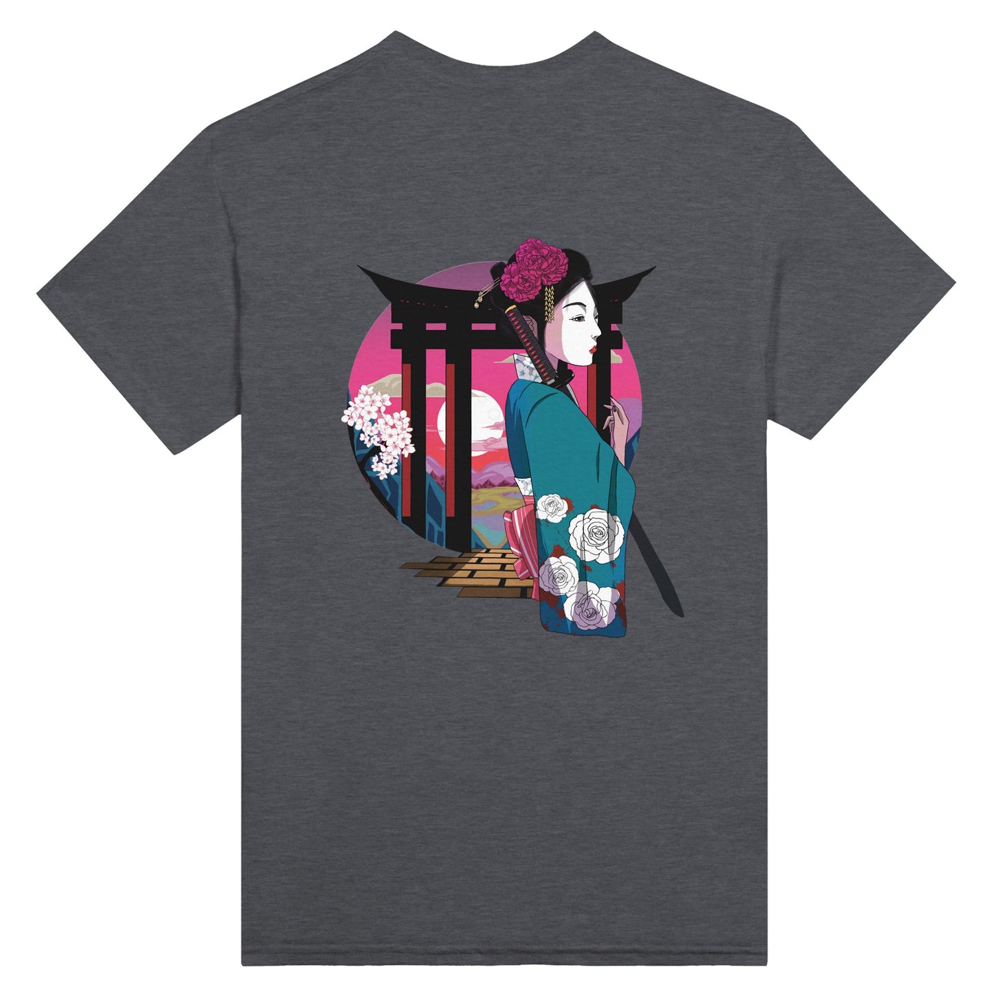 Dark heather coloured t-shirt featuring a print of a Japanese woman in traditional attire with a sword, standing in front of Torii gates with a sunset background.