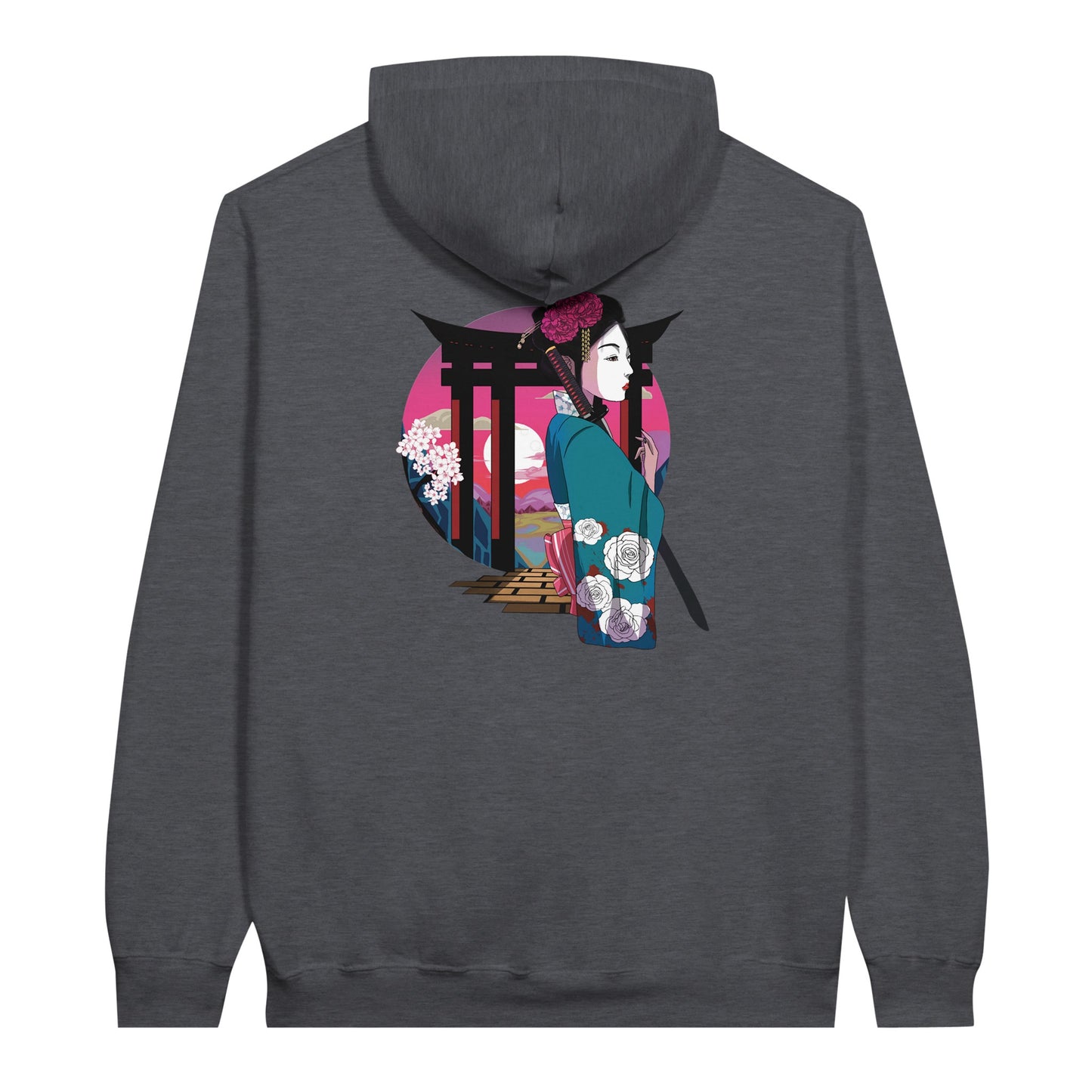 Dark heather coloured value hoodie featuring a print of a Japanese woman in traditional attire with a sword, standing in front of Torii gates with a sunset background.