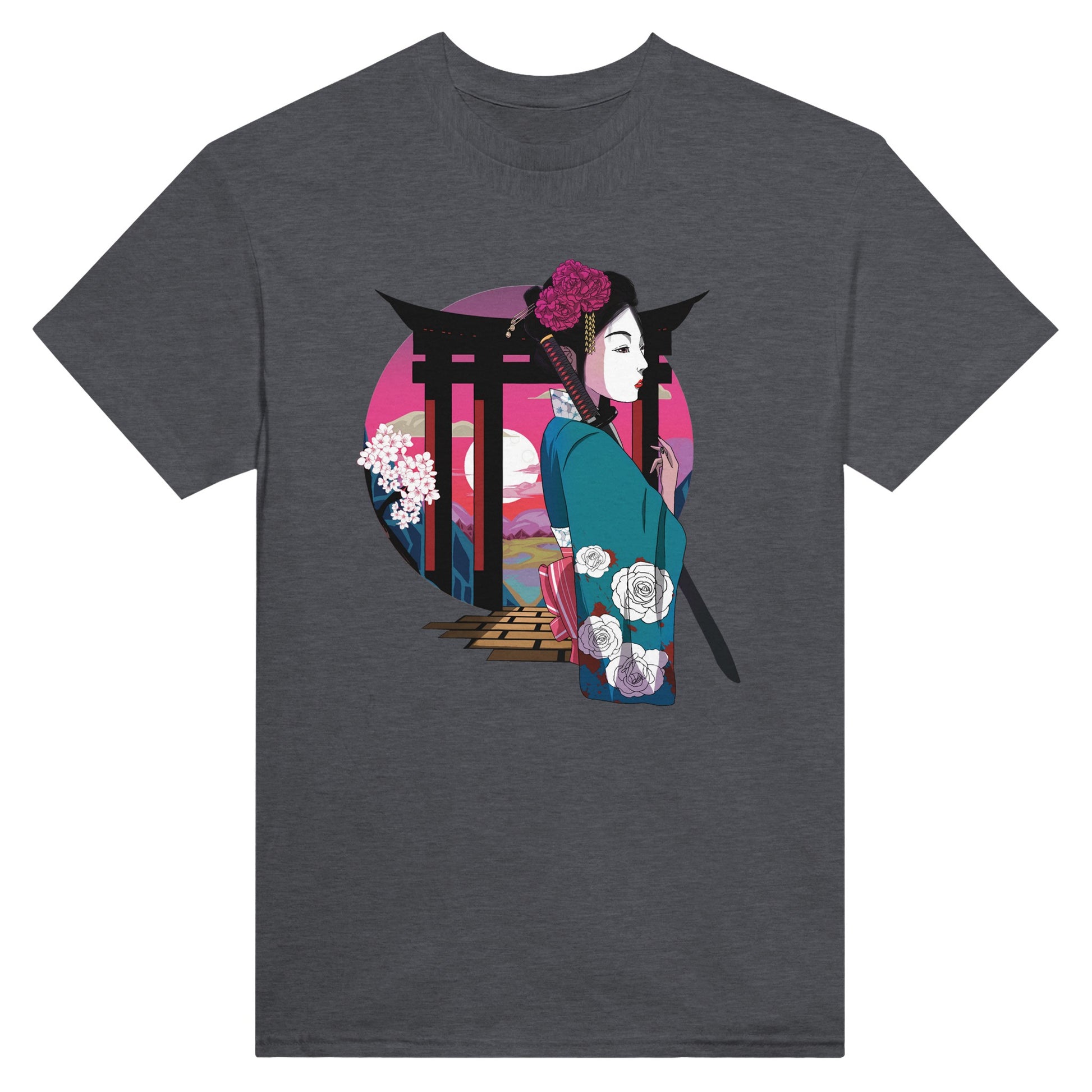 Dark heather coloured t-shirt featuring a print of a Japanese woman in traditional attire with a sword, standing in front of Torii gates with a sunset background.