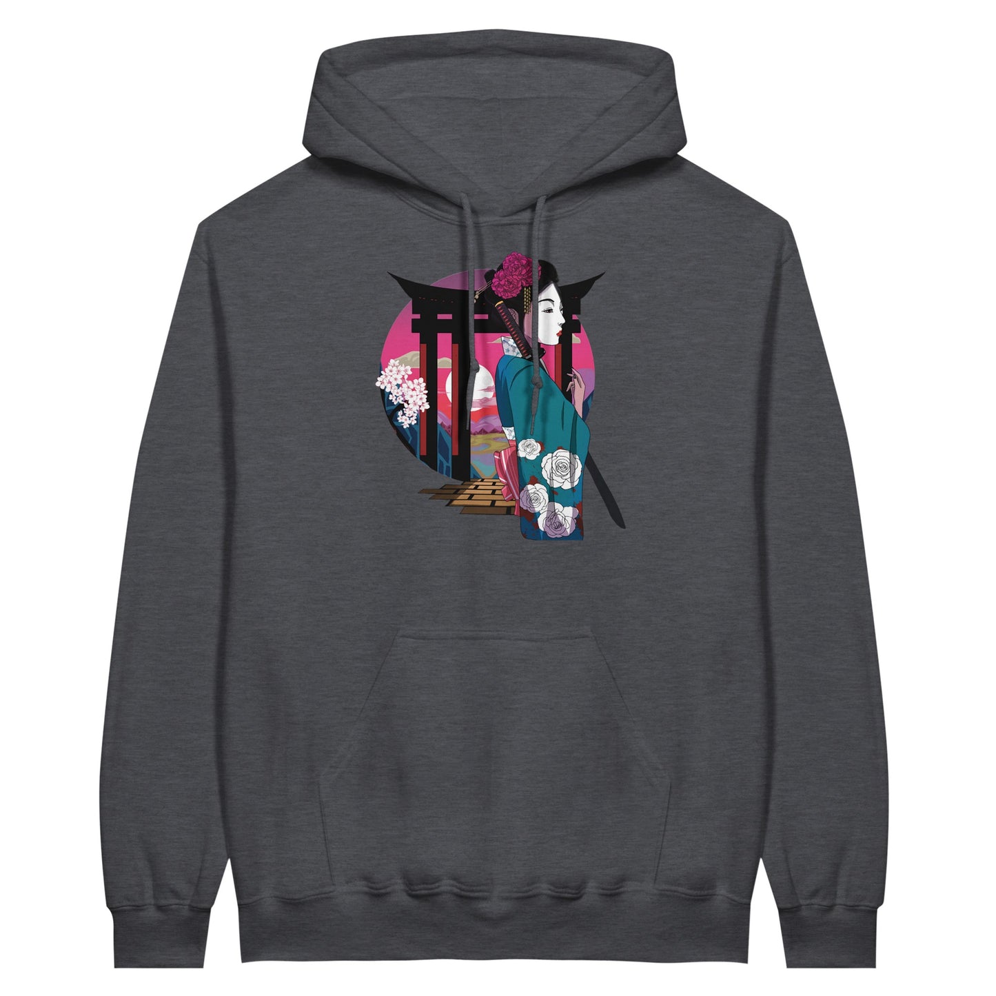 Dark heather coloured value hoodie featuring a print of a Japanese woman in traditional attire with a sword, standing in front of Torii gates with a sunset background.