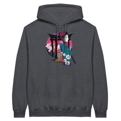 Dark heather coloured value hoodie featuring a print of a Japanese woman in traditional attire with a sword, standing in front of Torii gates with a sunset background.