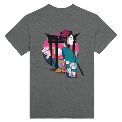 Graphite heather coloured t-shirt featuring a print of a Japanese woman in traditional attire with a sword, standing in front of Torii gates with a sunset background.