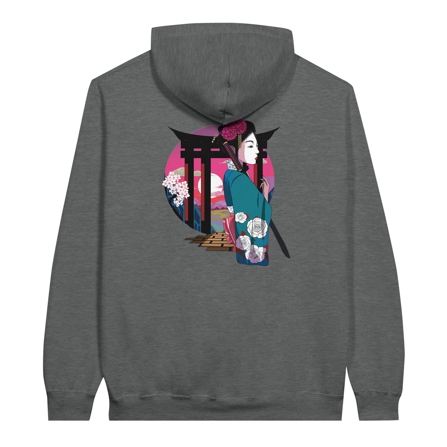 Graphite heather coloured value hoodie featuring a print of a Japanese woman in traditional attire with a sword, standing in front of Torii gates with a sunset background.