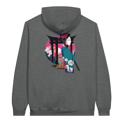 Graphite heather coloured value hoodie featuring a print of a Japanese woman in traditional attire with a sword, standing in front of Torii gates with a sunset background.