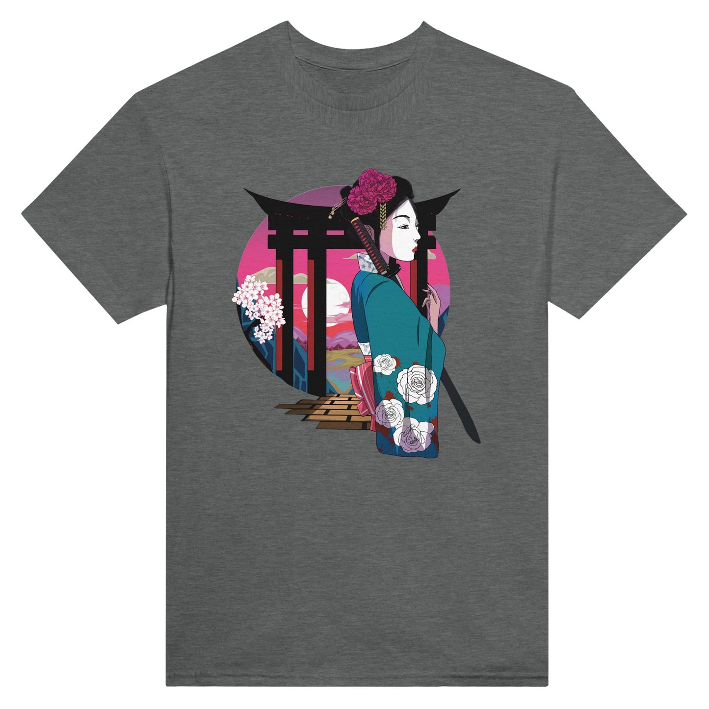 Graphite heather coloured t-shirt featuring a print of a Japanese woman in traditional attire with a sword, standing in front of Torii gates with a sunset background.