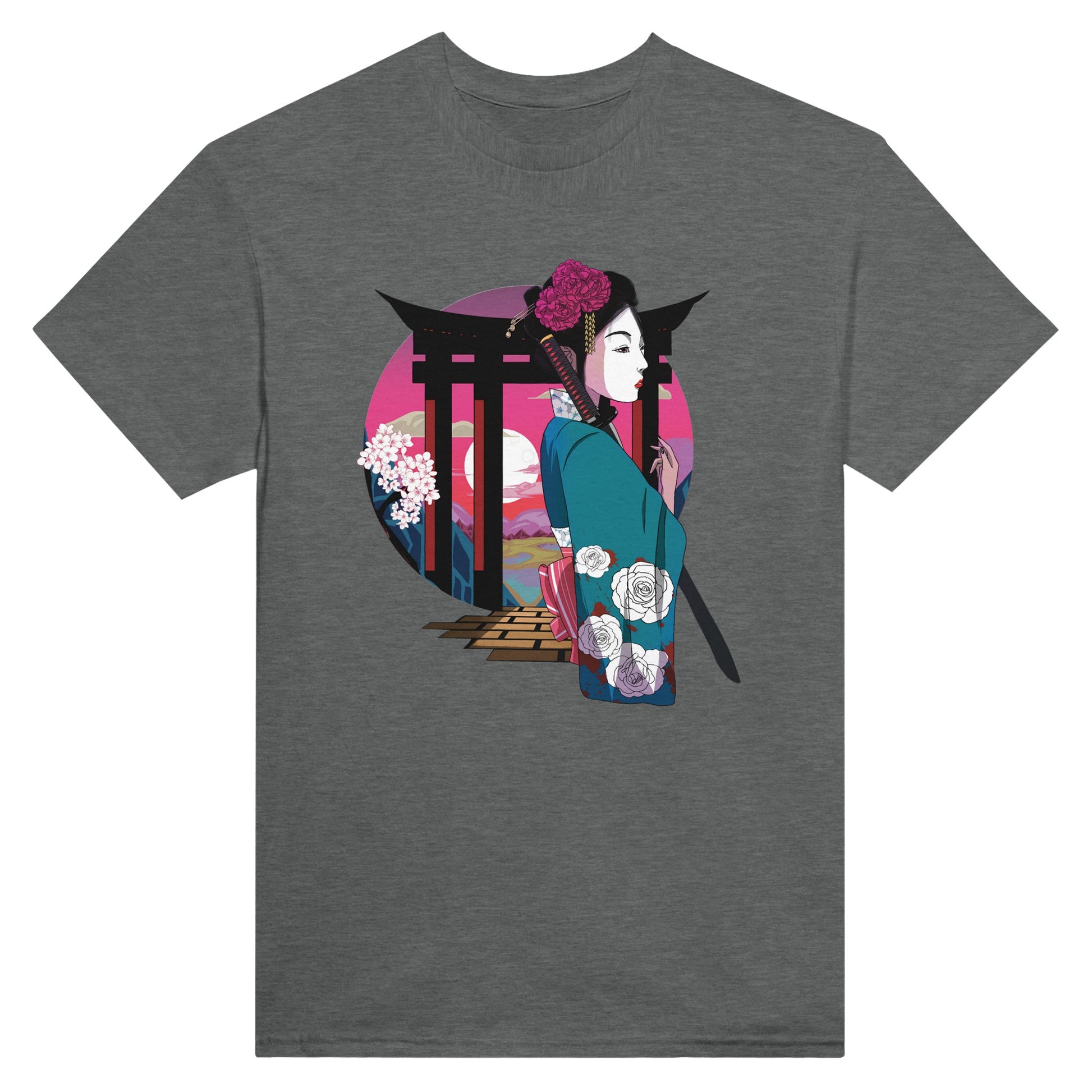 Graphite heather coloured t-shirt featuring a print of a Japanese woman in traditional attire with a sword, standing in front of Torii gates with a sunset background.