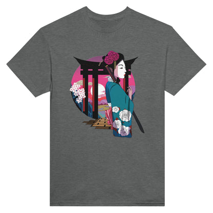 Graphite heather coloured t-shirt featuring a print of a Japanese woman in traditional attire with a sword, standing in front of Torii gates with a sunset background.