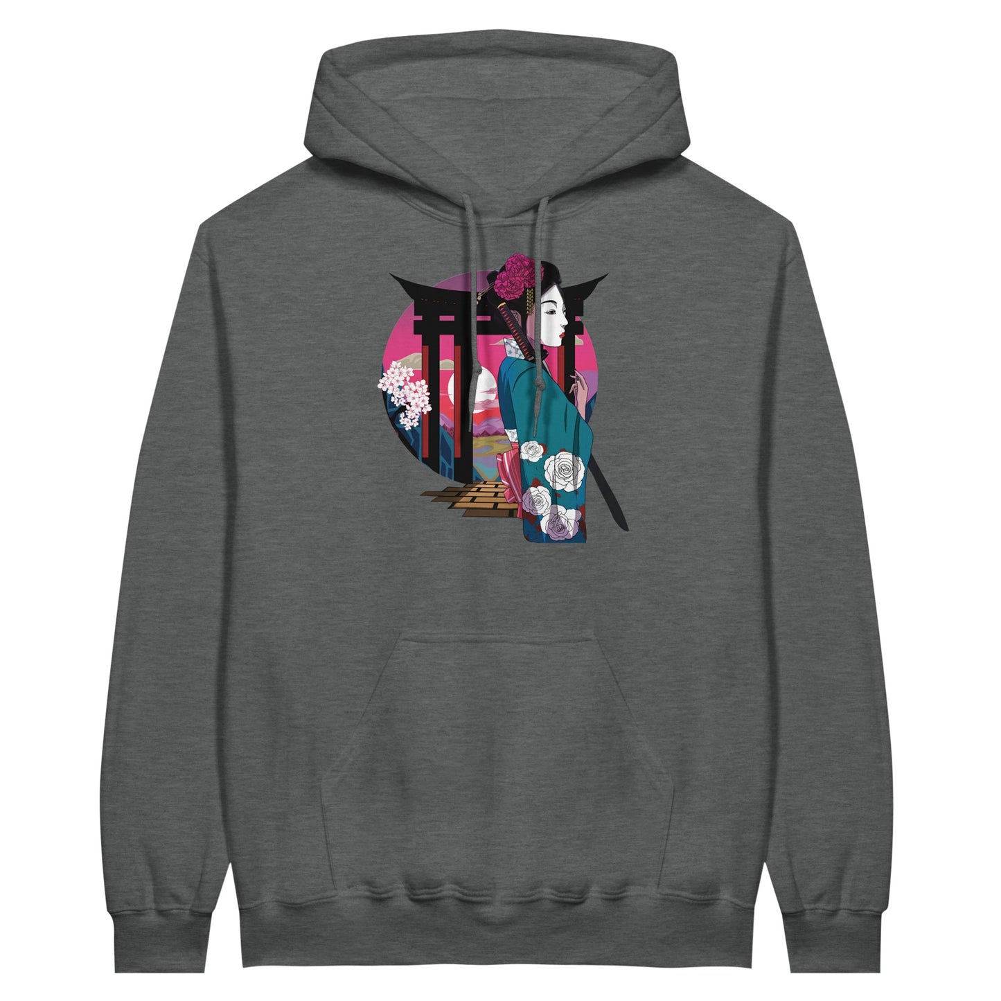 Graphite heather coloured value hoodie featuring a print of a Japanese woman in traditional attire with a sword, standing in front of Torii gates with a sunset background.