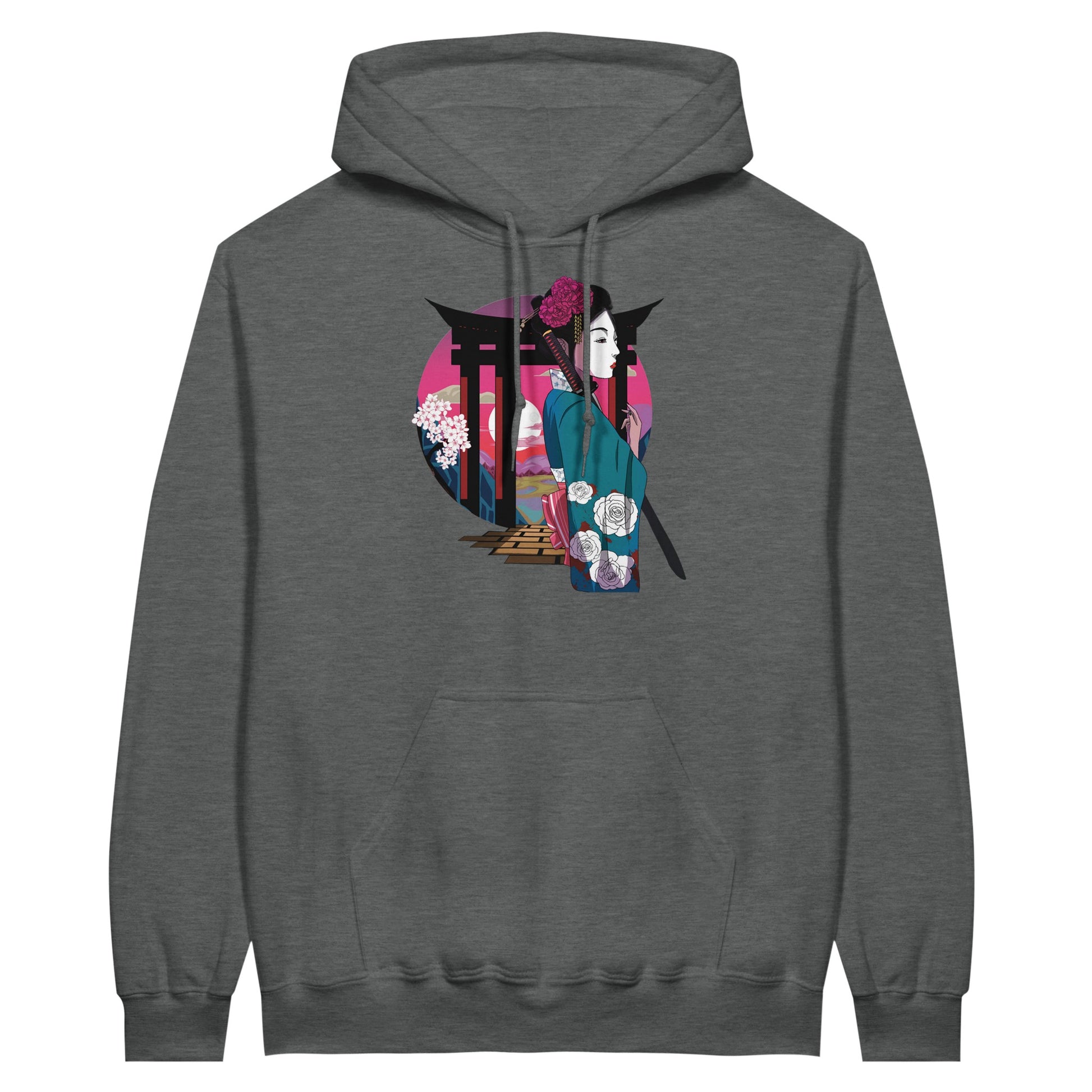 Graphite heather coloured value hoodie featuring a print of a Japanese woman in traditional attire with a sword, standing in front of Torii gates with a sunset background.