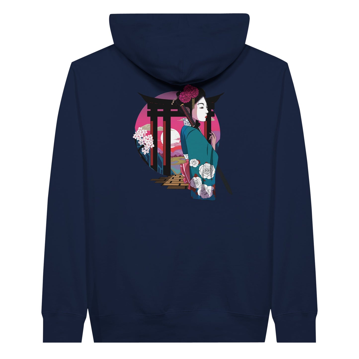 Navy premium hoodie featuring a print of a Japanese woman in traditional attire with a sword, standing in front of Torii gates with a sunset background.