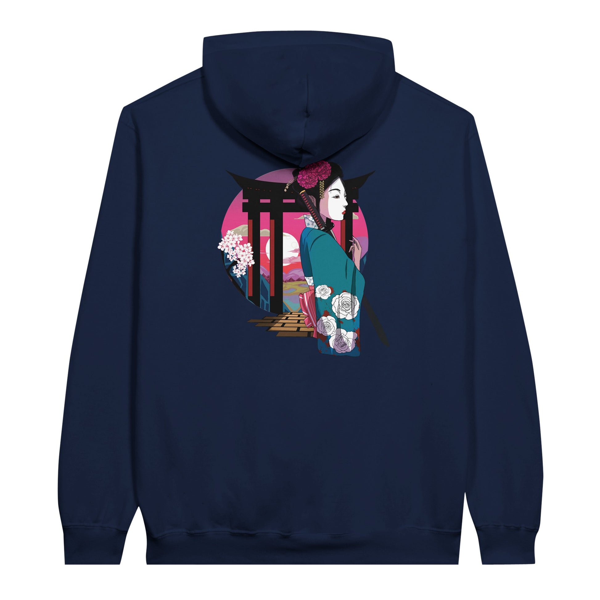 Navy value hoodie featuring a print of a Japanese woman in traditional attire with a sword, standing in front of Torii gates with a sunset background.