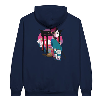 Navy value hoodie featuring a print of a Japanese woman in traditional attire with a sword, standing in front of Torii gates with a sunset background.