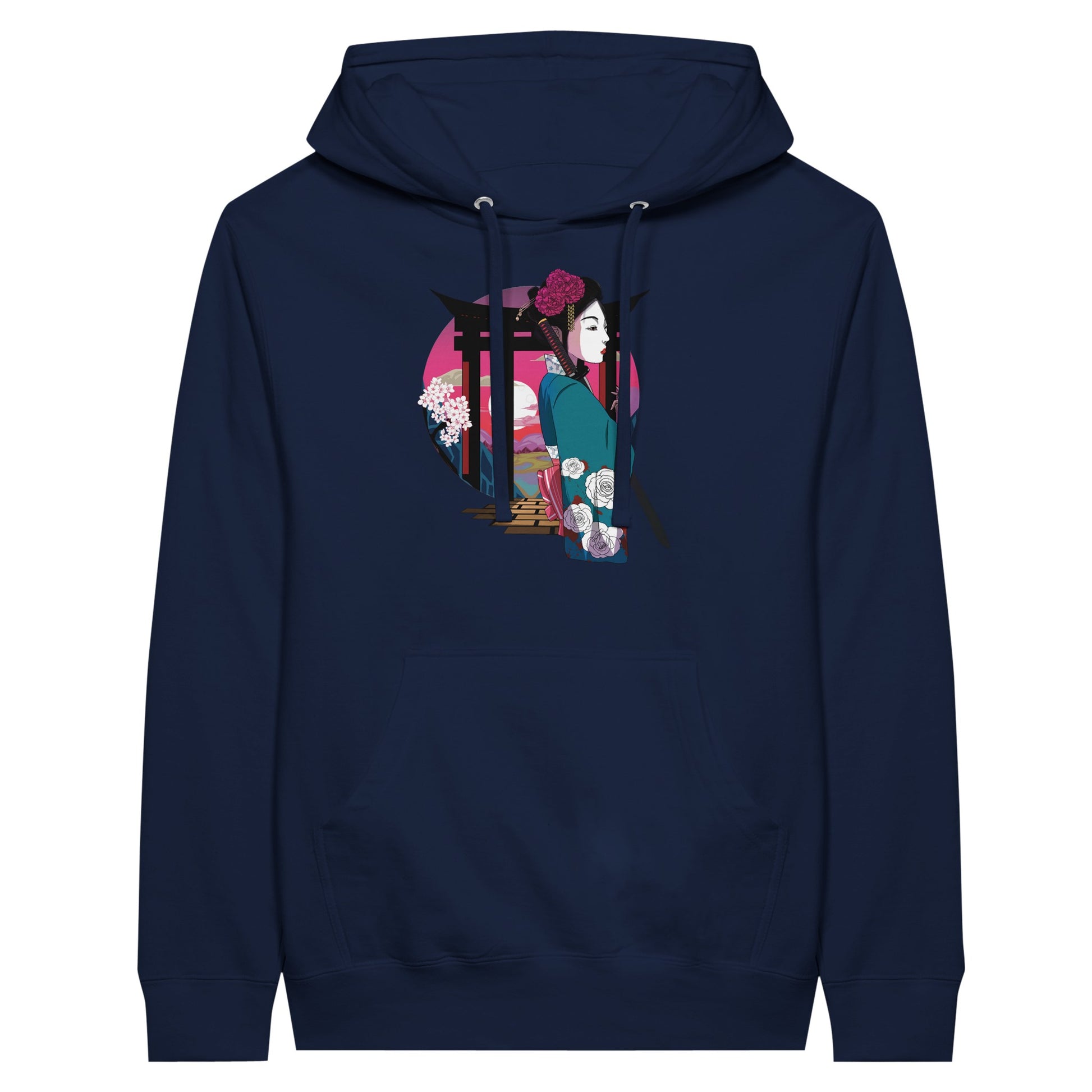 Navy premium hoodie featuring a print of a Japanese woman in traditional attire with a sword, standing in front of Torii gates with a sunset background.