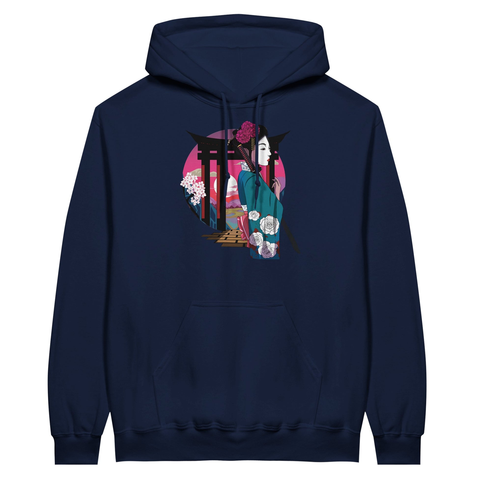 Navy value hoodie featuring a print of a Japanese woman in traditional attire with a sword, standing in front of Torii gates with a sunset background.