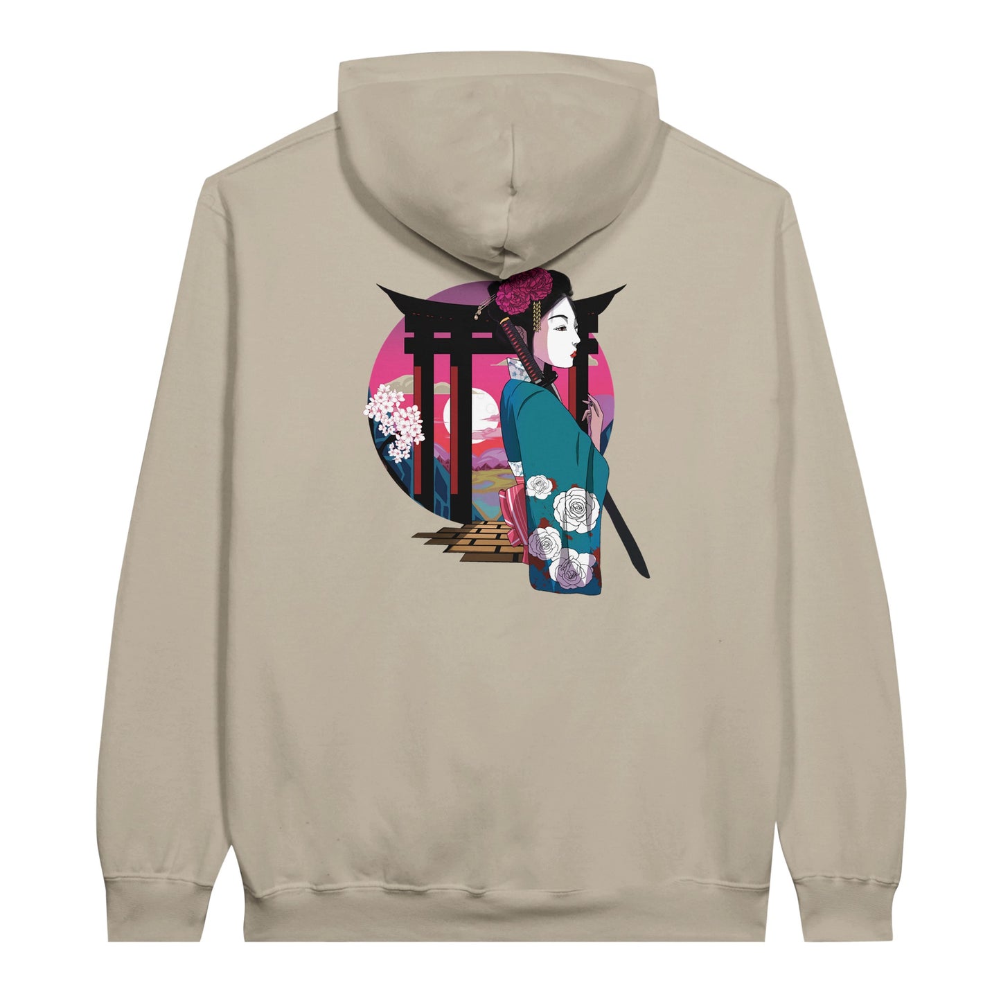 Sand coloured value hoodie featuring a print of a Japanese woman in traditional attire with a sword, standing in front of Torii gates with a sunset background.