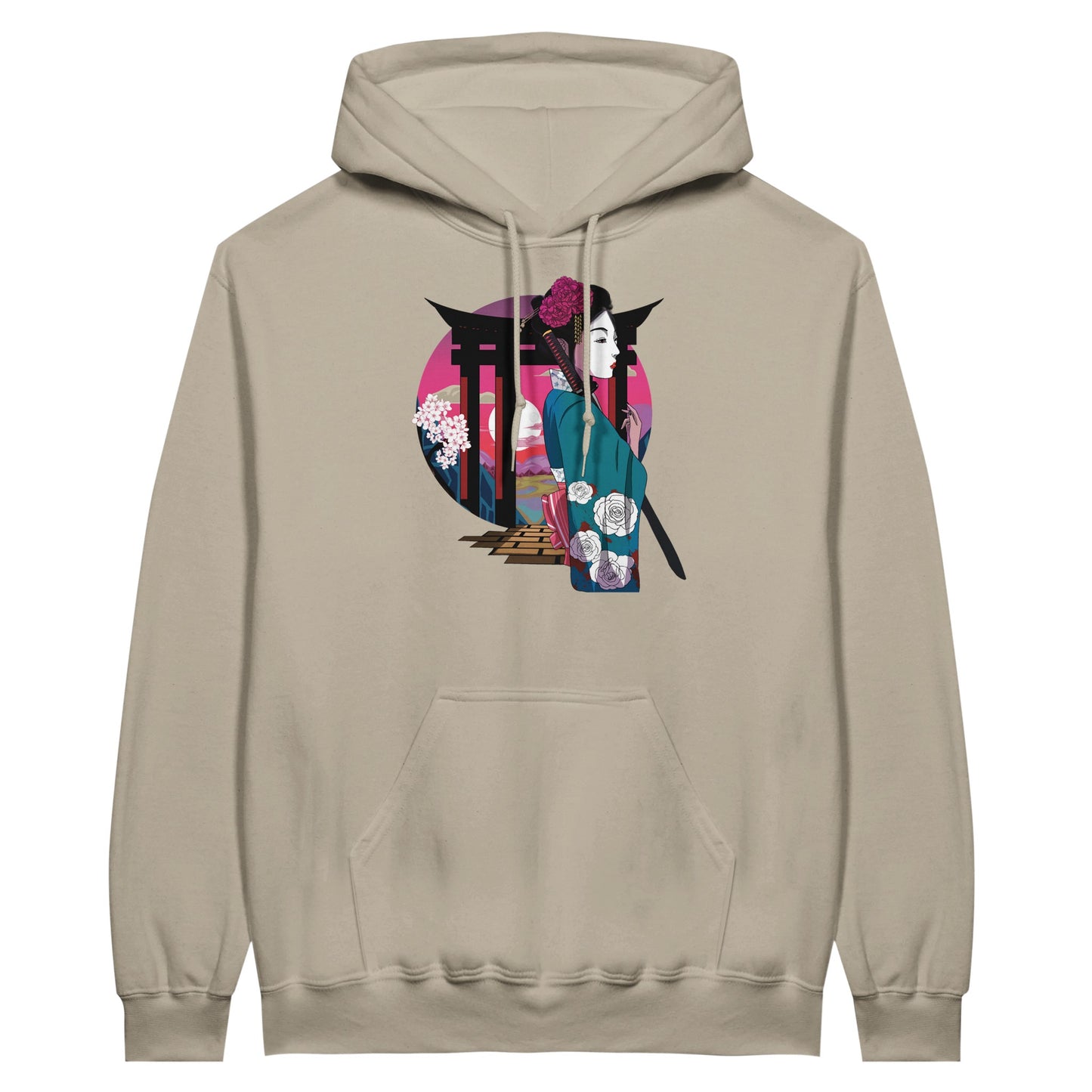 Sand coloured value hoodie featuring a print of a Japanese woman in traditional attire with a sword, standing in front of Torii gates with a sunset background.