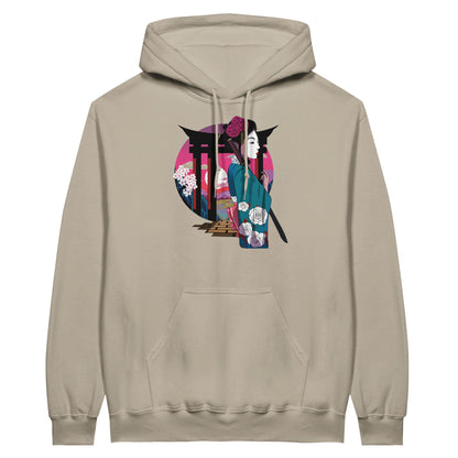 Sand coloured value hoodie featuring a print of a Japanese woman in traditional attire with a sword, standing in front of Torii gates with a sunset background.