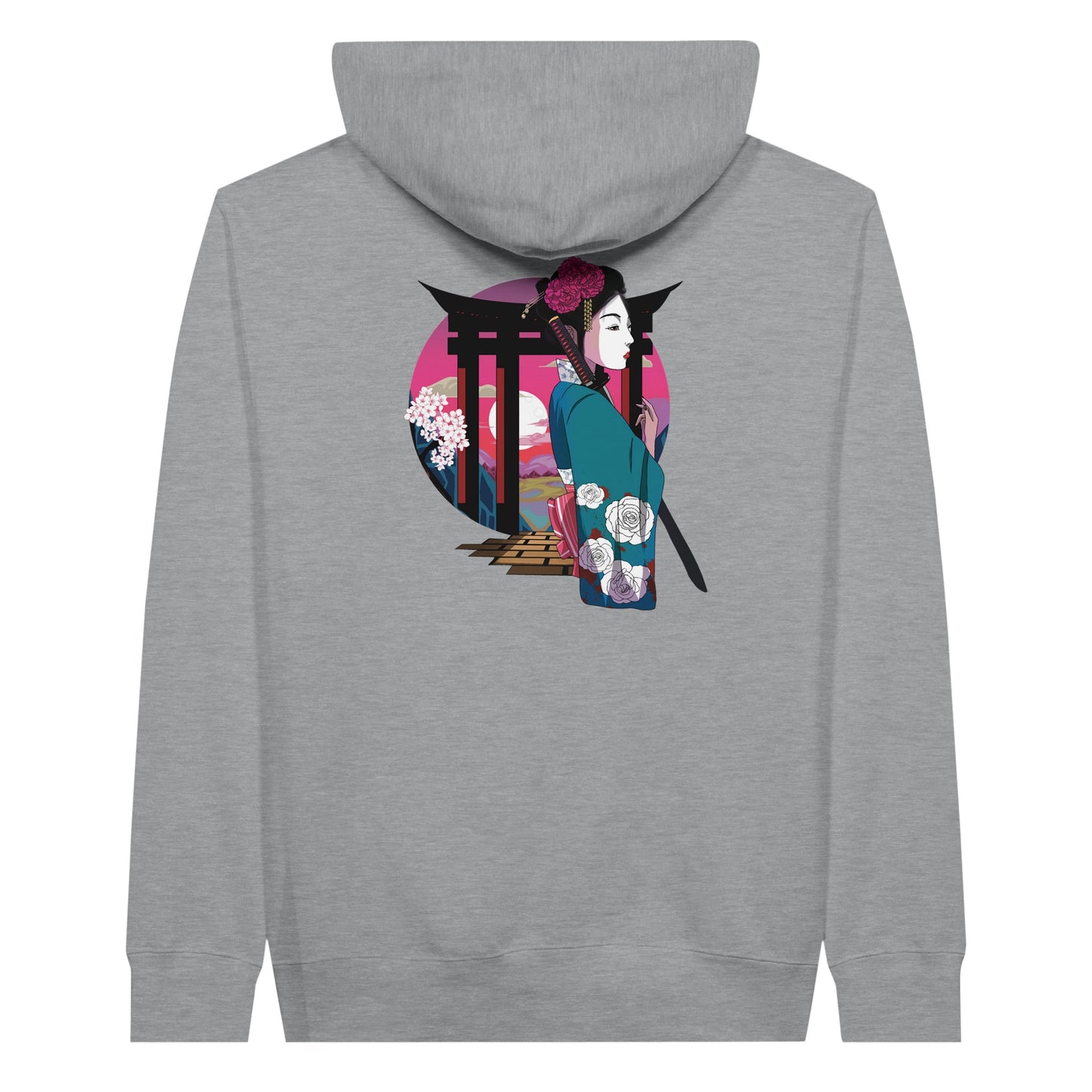 Sports grey coloured premium hoodie featuring a print of a Japanese woman in traditional attire with a sword, standing in front of Torii gates with a sunset background.