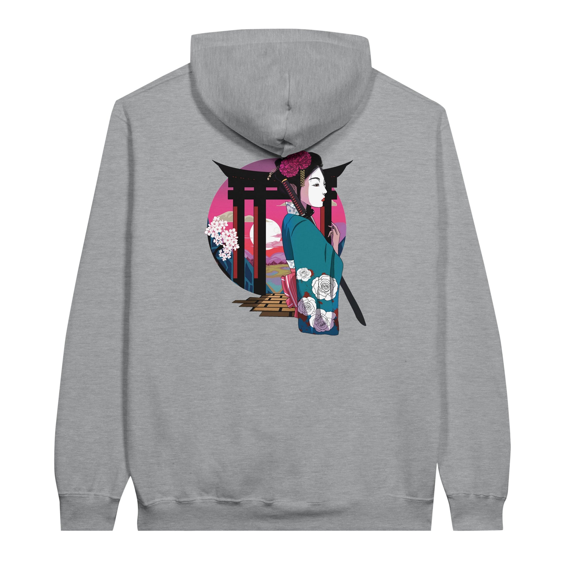 Sports grey coloured value hoodie featuring a print of a Japanese woman in traditional attire with a sword, standing in front of Torii gates with a sunset background.