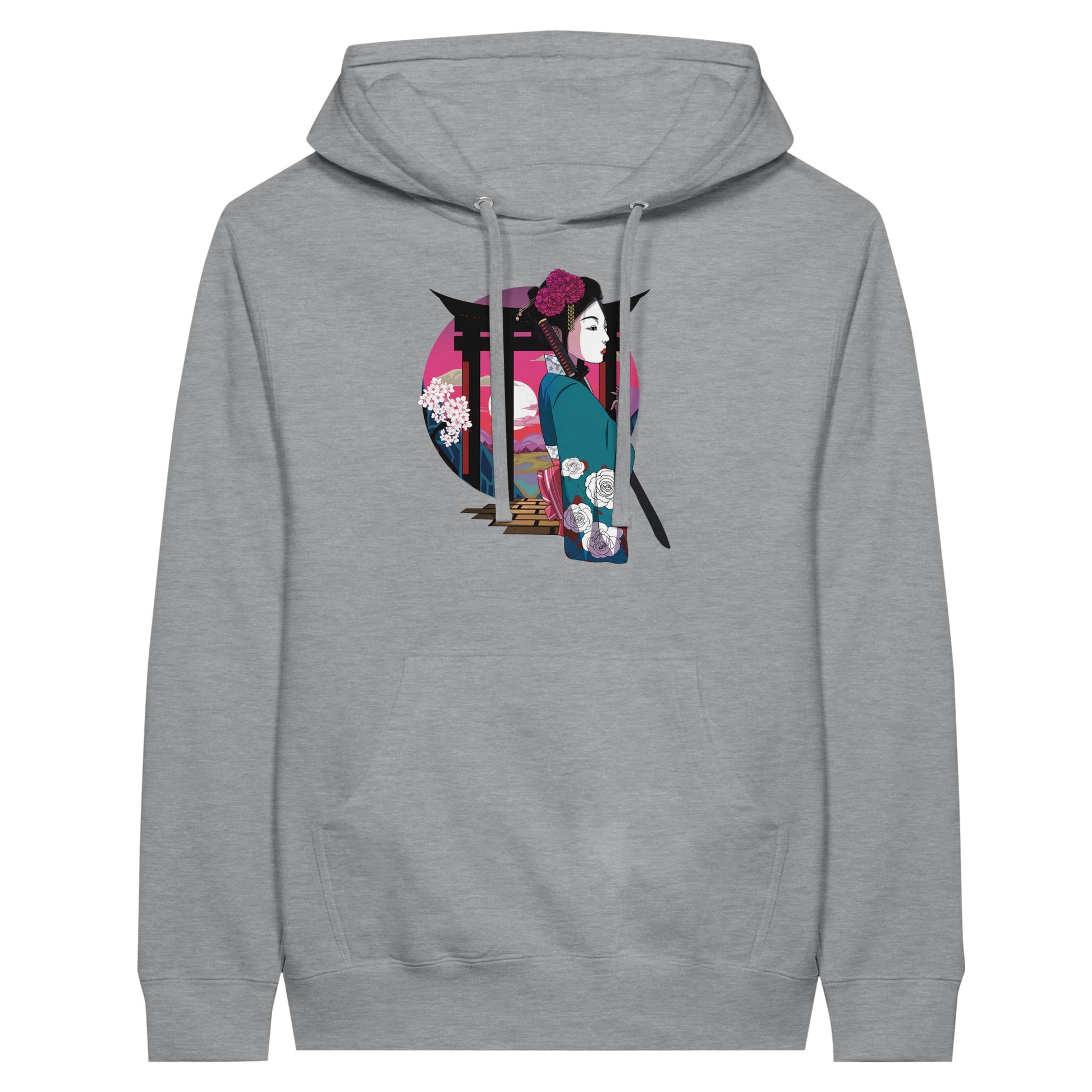 Sports grey coloured premium hoodie featuring a print of a Japanese woman in traditional attire with a sword, standing in front of Torii gates with a sunset background.