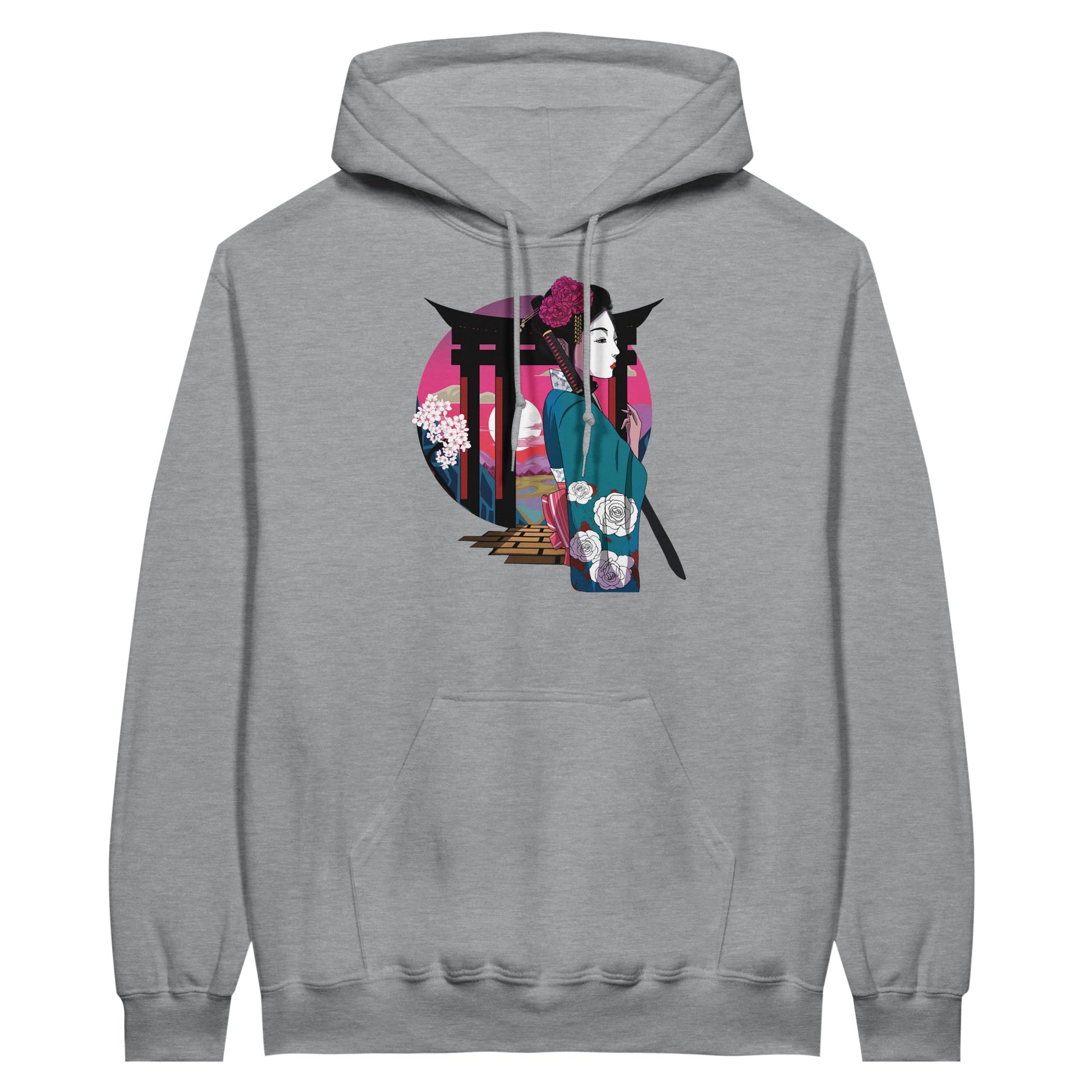 Sports grey coloured value hoodie featuring a print of a Japanese woman in traditional attire with a sword, standing in front of Torii gates with a sunset background.